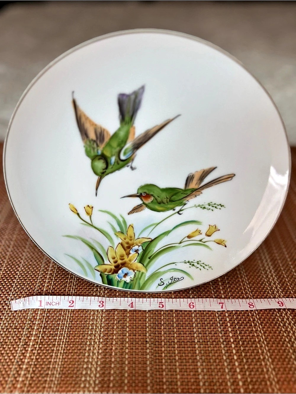 Vintage Lefton Hummingbird Porcelain Plate Signed S. Ito 8.25” Gold Trim
